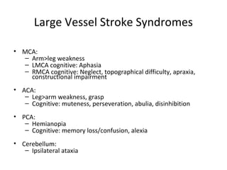 Large Vessel Stroke Syndromes
• MCA:
– Arm>leg weakness
– LMCA cognitive: Aphasia
– RMCA cognitive: Neglect, topographical difficulty, apraxia,
constructional impairment
• ACA:
– Leg>arm weakness, grasp
– Cognitive: muteness, perseveration, abulia, disinhibition
• PCA:
– Hemianopia
– Cognitive: memory loss/confusion, alexia
• Cerebellum:
– Ipsilateral ataxia
 