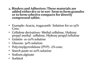 2. Binders and Adhesives: These materials are
added eitherdry or in wet- form to form granules
or to form cohesive compacts for directly
compressed tablet.
• Example: Acacia, tragacanth- Solution for 10-25%
Conc.
• Cellulose derivatives- Methyl cellulose, Hydroxy
propyl methyl cellulose, Hydroxy propyl cellulose
• Gelatin- 10-20% solution
• Glucose- 50% solution
• Polyvinylpyrrolidone (PVP)- 2% conc.
• Starch paste-10-20% solution
• Sodium alginate
• Sorbitol
 