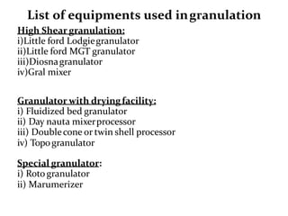 List of equipments used ingranulation
High Shear granulation:
i)Little ford Lodgiegranulator
ii)Little ford MGT granulator
iii)Diosnagranulator
iv)Gral mixer
Granulator with dryingfacility:
i) Fluidized bed granulator
ii) Day nauta mixerprocessor
iii) Doublecone or twin shell processor
iv) Topogranulator
Special granulator:
i) Rotogranulator
ii) Marumerizer
 