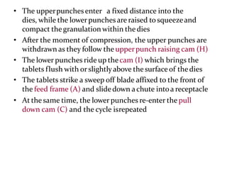 • The upperpunches enter a fixed distance into the
dies, while the lower punches are raised to squeezeand
compact thegranulation within thedies
• After the moment of compression, the upper punches are
withdrawn as they follow the upperpunch raising cam (H)
• The lower punches ride up thecam (I) which brings the
tablets flush with orslightlyabove the surface of thedies
• The tablets strike a sweep off blade affixed to the front of
the feed frame (A) and slidedown achute intoa receptacle
• At the same time, the lower punches re-enter the pull
down cam (C) and the cycle isrepeated
 