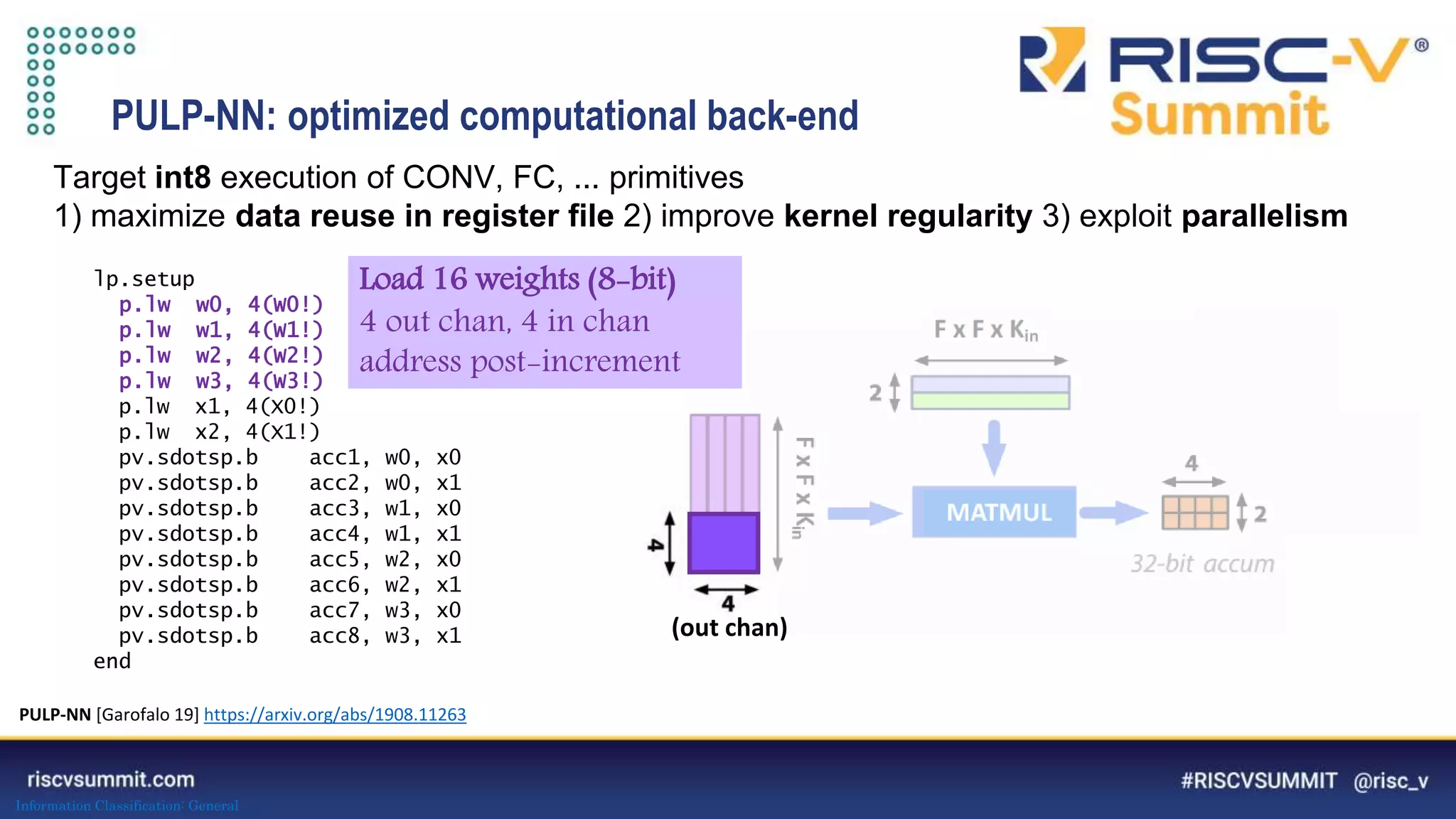 Information Classification: General
PULP-NN: optimized computational back-end
Target int8 execution of CONV, FC, ... primitives
1) maximize data reuse in register file 2) improve kernel regularity 3) exploit parallelism
lp.setup
p.lw w0, 4(W0!)
p.lw w1, 4(W1!)
p.lw w2, 4(W2!)
p.lw w3, 4(W3!)
p.lw x1, 4(X0!)
p.lw x2, 4(X1!)
pv.sdotsp.b acc1, w0, x0
pv.sdotsp.b acc2, w0, x1
pv.sdotsp.b acc3, w1, x0
pv.sdotsp.b acc4, w1, x1
pv.sdotsp.b acc5, w2, x0
pv.sdotsp.b acc6, w2, x1
pv.sdotsp.b acc7, w3, x0
pv.sdotsp.b acc8, w3, x1
end
PULP-NN [Garofalo 19] https://arxiv.org/abs/1908.11263
4x2: 69%
utilization
F x F x Kin
F
x
F
x
K
in
MATMUL
Load 16 weights (8-bit)
4 out chan, 4 in chan
address post-increment
4x2:
69%
utilization
F
x
F
x
F
x
F
x
K
in
MATM
(out chan)
 