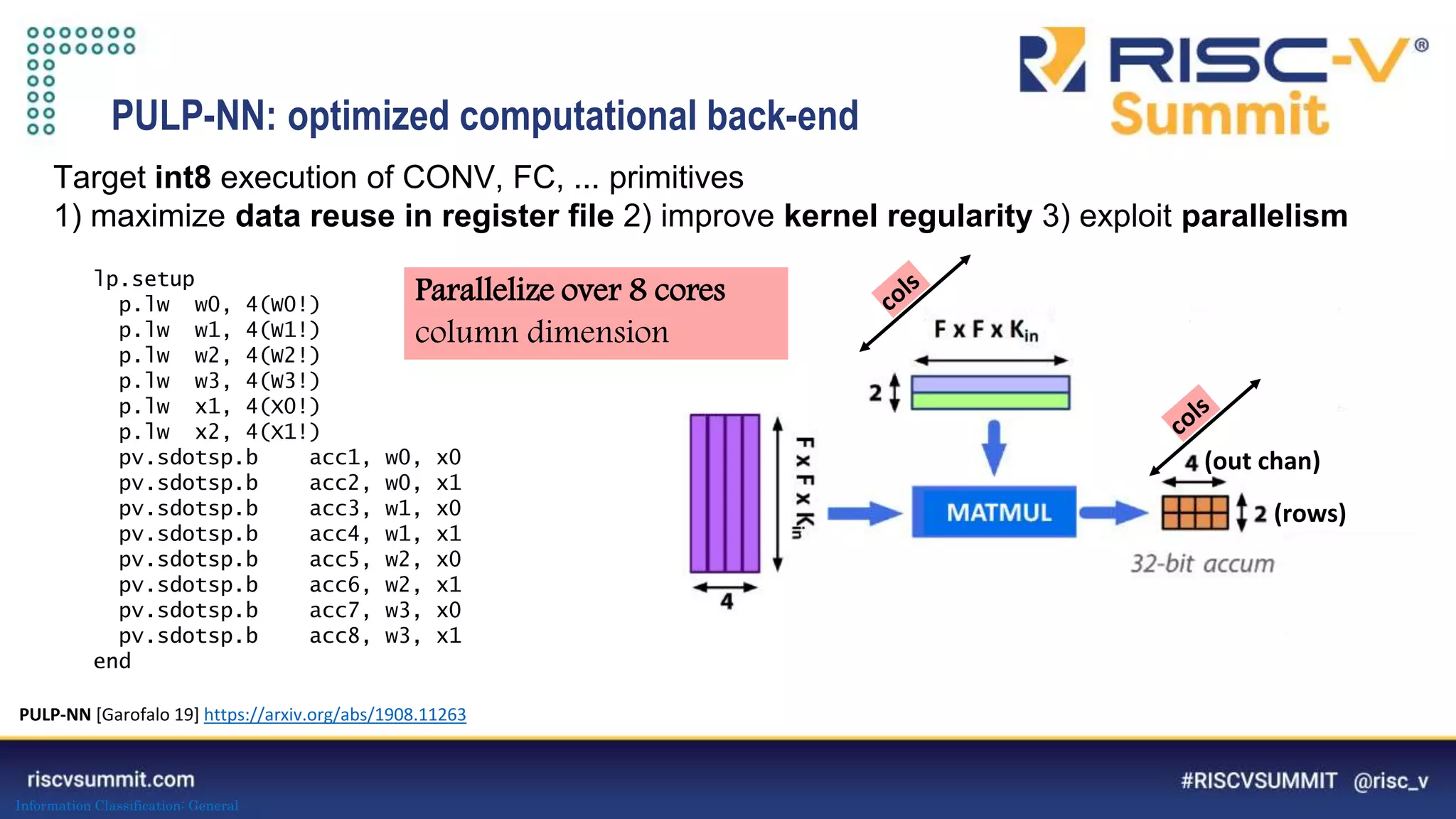 Information Classification: General
PULP-NN: optimized computational back-end
Target int8 execution of CONV, FC, ... primitives
1) maximize data reuse in register file 2) improve kernel regularity 3) exploit parallelism
lp.setup
p.lw w0, 4(W0!)
p.lw w1, 4(W1!)
p.lw w2, 4(W2!)
p.lw w3, 4(W3!)
p.lw x1, 4(X0!)
p.lw x2, 4(X1!)
pv.sdotsp.b acc1, w0, x0
pv.sdotsp.b acc2, w0, x1
pv.sdotsp.b acc3, w1, x0
pv.sdotsp.b acc4, w1, x1
pv.sdotsp.b acc5, w2, x0
pv.sdotsp.b acc6, w2, x1
pv.sdotsp.b acc7, w3, x0
pv.sdotsp.b acc8, w3, x1
end
PULP-NN [Garofalo 19] https://arxiv.org/abs/1908.11263
(rows)
(out chan)
Parallelize over 8 cores
column dimension
 