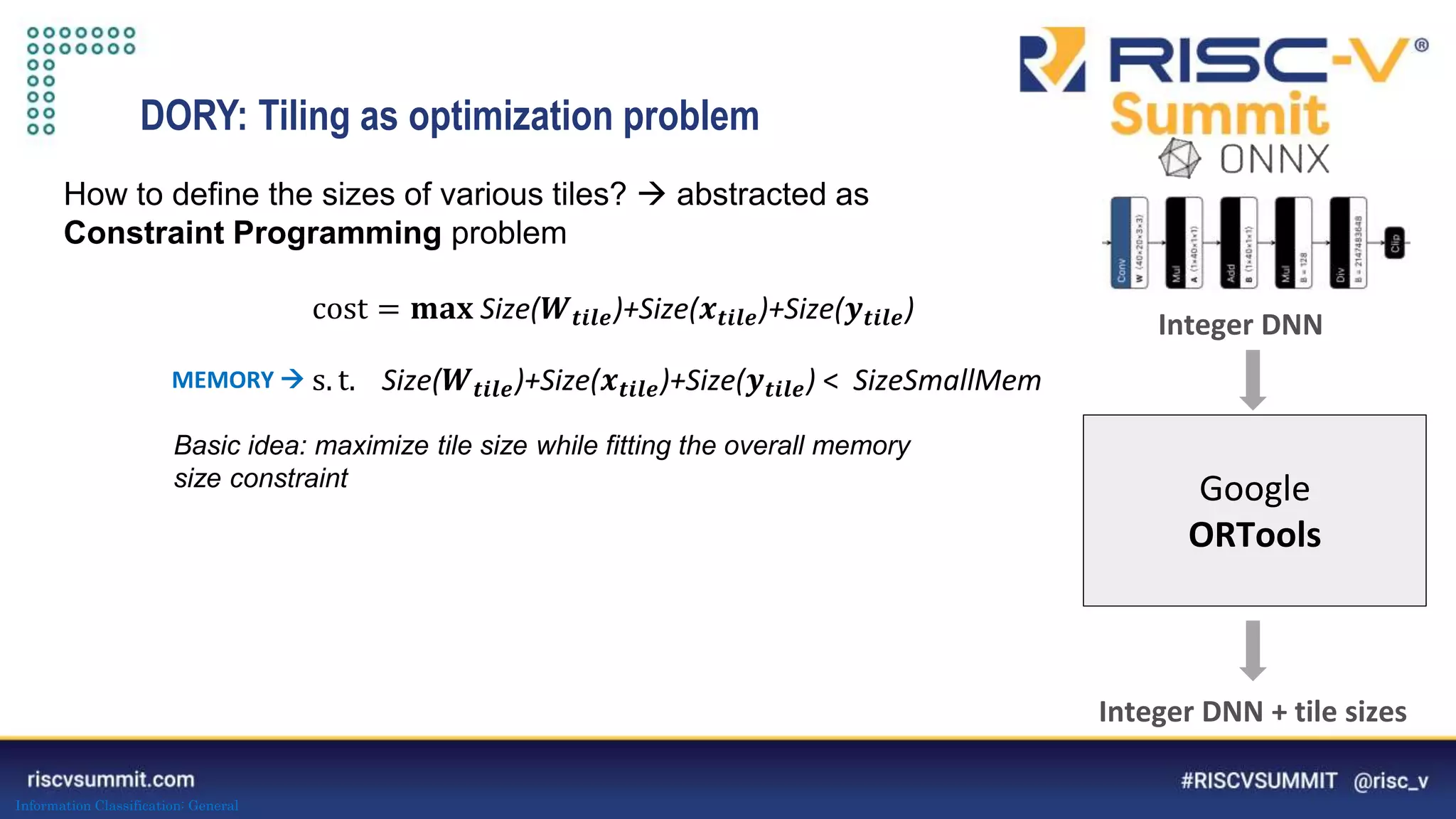 Information Classification: General
DORY: Tiling as optimization problem
How to define the sizes of various tiles?  abstracted as
Constraint Programming problem
cost = 𝐦𝐚𝐱 Size(𝑾𝒕𝒊𝒍𝒆)+Size(𝒙𝒕𝒊𝒍𝒆)+Size(𝒚𝒕𝒊𝒍𝒆)
s. t. Size(𝑾𝒕𝒊𝒍𝒆)+Size(𝒙𝒕𝒊𝒍𝒆)+Size(𝒚𝒕𝒊𝒍𝒆) < SizeSmallMem
MEMORY 
on
NeM
f
evalua
low
py
prec
datas
et
loader
Integer DNN
Google
ORTools
Integer DNN + tile sizes
Basic idea: maximize tile size while fitting the overall memory
size constraint
 