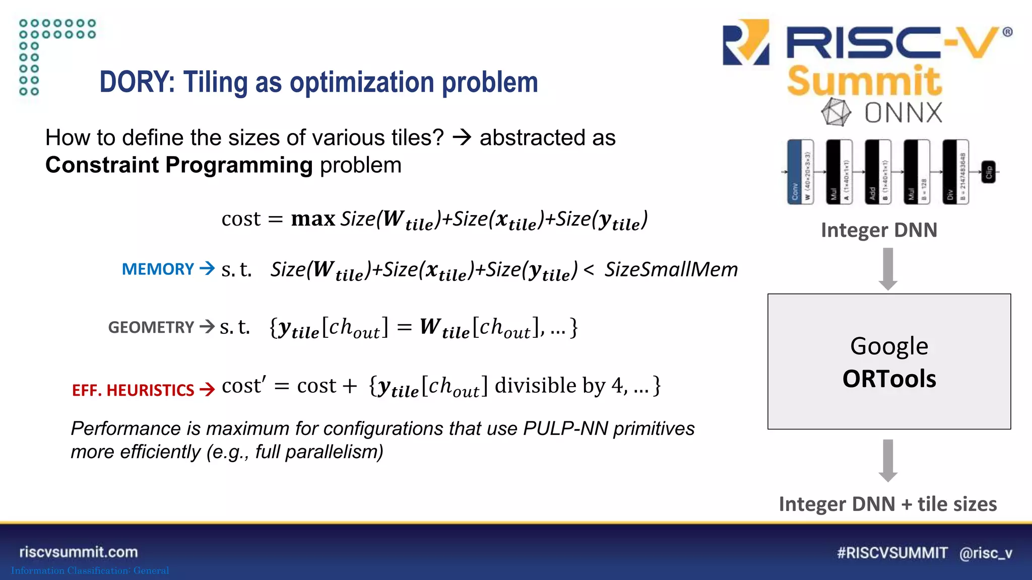 Information Classification: General
DORY: Tiling as optimization problem
How to define the sizes of various tiles?  abstracted as
Constraint Programming problem
cost = 𝐦𝐚𝐱 Size(𝑾𝒕𝒊𝒍𝒆)+Size(𝒙𝒕𝒊𝒍𝒆)+Size(𝒚𝒕𝒊𝒍𝒆)
s. t. Size(𝑾𝒕𝒊𝒍𝒆)+Size(𝒙𝒕𝒊𝒍𝒆)+Size(𝒚𝒕𝒊𝒍𝒆) < SizeSmallMem
MEMORY 
s. t. {𝒚𝒕𝒊𝒍𝒆 𝑐ℎ𝑜𝑢𝑡 = 𝑾𝒕𝒊𝒍𝒆 𝑐ℎ𝑜𝑢𝑡 , … }
GEOMETRY 
cost′ = cost + 𝒚𝒕𝒊𝒍𝒆 𝑐ℎ𝑜𝑢𝑡 divisible by 4, …
EFF. HEURISTICS 
on
NeM
f
evalua
low
py
prec
datas
et
loader
Integer DNN
Google
ORTools
Integer DNN + tile sizes
Performance is maximum for configurations that use PULP-NN primitives
more efficiently (e.g., full parallelism)
 