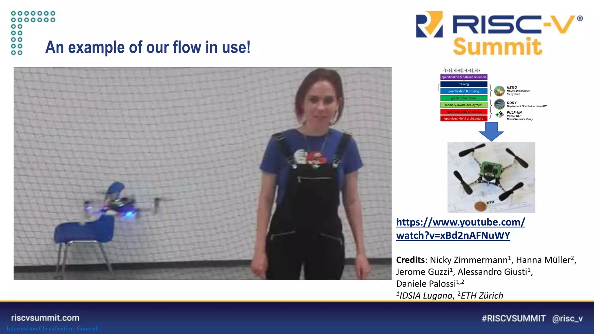 Information Classification: General
An example of our flow in use!
https://www.youtube.com/
watch?v=xBd2nAFNuWY
Credits: Nicky Zimmermann1, Hanna Müller2,
Jerome Guzzi1, Alessandro Giusti1,
Daniele Palossi1,2
1IDSIA Lugano, 2ETH Zürich
training
quantization & pruning
graph optimization
memory-aware deployment
optimized DNN primitives
optimized HW & architecture
specification & dataset selection
PULP-NN
Parallel ULP
Neural Network library
NEMO
NEural Minimization
for pytOrch
DORY
Deployment Oriented to memoRY
 