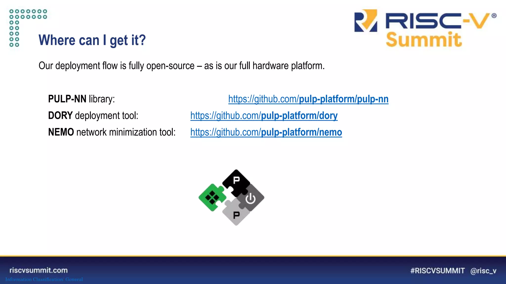 Information Classification: General
Where can I get it?
Our deployment flow is fully open-source – as is our full hardware platform.
PULP-NN library: https://github.com/pulp-platform/pulp-nn
DORY deployment tool: https://github.com/pulp-platform/dory
NEMO network minimization tool: https://github.com/pulp-platform/nemo
 