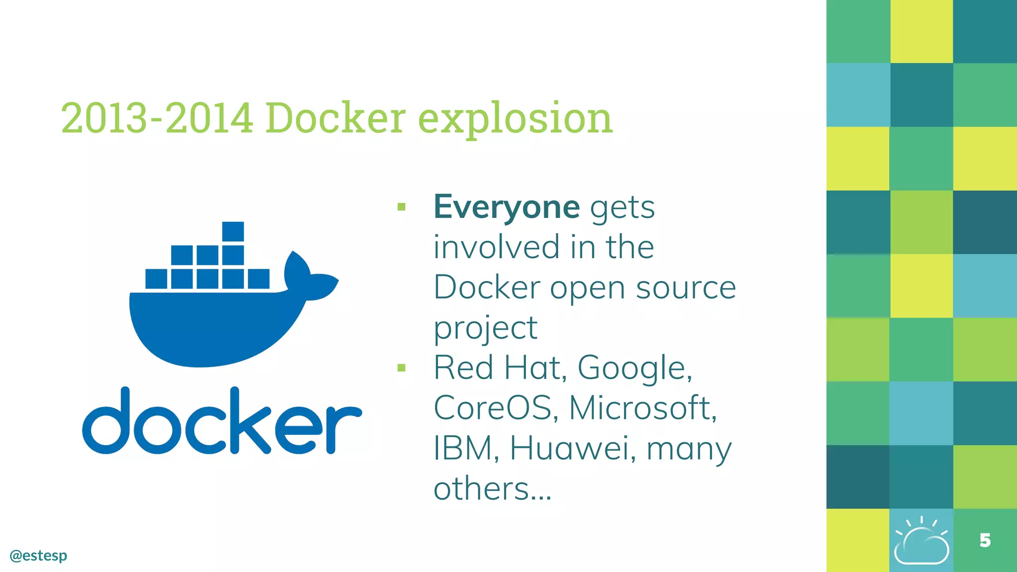 @estesp
2013-2014 Docker explosion
▪ Everyone gets
involved in the
Docker open source
project
▪ Red Hat, Google,
CoreOS, Microsoft,
IBM, Huawei, many
others...
5
 