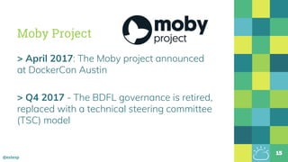 @estesp
Moby Project
> April 2017: The Moby project announced
at DockerCon Austin
> Q4 2017 - The BDFL governance is retired,
replaced with a technical steering committee
(TSC) model
15
 
