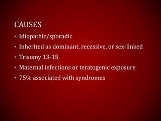 CAUSES
• Idiopathic/sporadic
• Inherited as dominant, recessive, or sex-linked
• Trisomy 13-15
• Maternal infections or teratogenic exposure
• 75% associated with syndromes
 