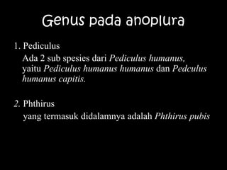 Genus pada anoplura
1. Pediculus
Ada 2 sub spesies dari Pediculus humanus,
yaitu Pediculus humanus humanus dan Pedculus
humanus capitis.
2. Phthirus
yang termasuk didalamnya adalah Phthirus pubis
 