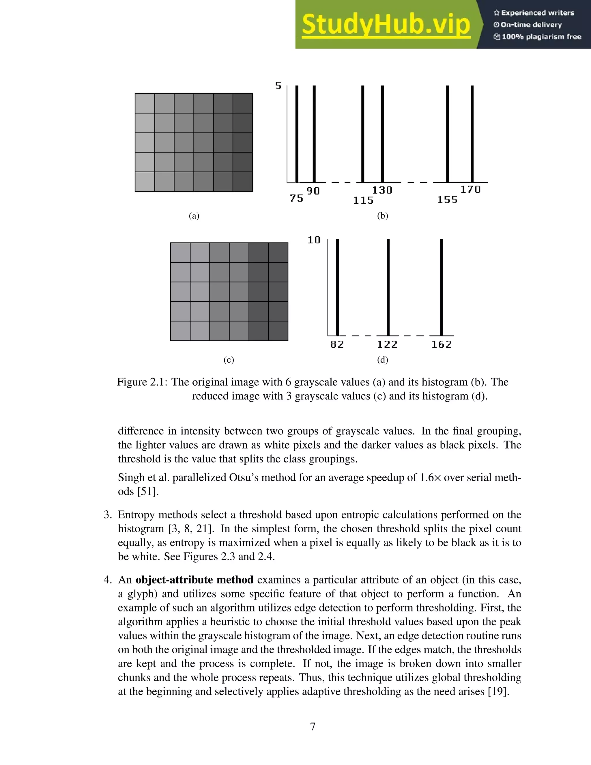 (a) (b)
(c) (d)
Figure 2.1: The original image with 6 grayscale values (a) and its histogram (b). The
reduced image with 3 grayscale values (c) and its histogram (d).
difference in intensity between two groups of grayscale values. In the final grouping,
the lighter values are drawn as white pixels and the darker values as black pixels. The
threshold is the value that splits the class groupings.
Singh et al. parallelized Otsu’s method for an average speedup of 1.6× over serial meth-
ods [51].
3. Entropy methods select a threshold based upon entropic calculations performed on the
histogram [3, 8, 21]. In the simplest form, the chosen threshold splits the pixel count
equally, as entropy is maximized when a pixel is equally as likely to be black as it is to
be white. See Figures 2.3 and 2.4.
4. An object-attribute method examines a particular attribute of an object (in this case,
a glyph) and utilizes some specific feature of that object to perform a function. An
example of such an algorithm utilizes edge detection to perform thresholding. First, the
algorithm applies a heuristic to choose the initial threshold values based upon the peak
values within the grayscale histogram of the image. Next, an edge detection routine runs
on both the original image and the thresholded image. If the edges match, the thresholds
are kept and the process is complete. If not, the image is broken down into smaller
chunks and the whole process repeats. Thus, this technique utilizes global thresholding
at the beginning and selectively applies adaptive thresholding as the need arises [19].
7
 