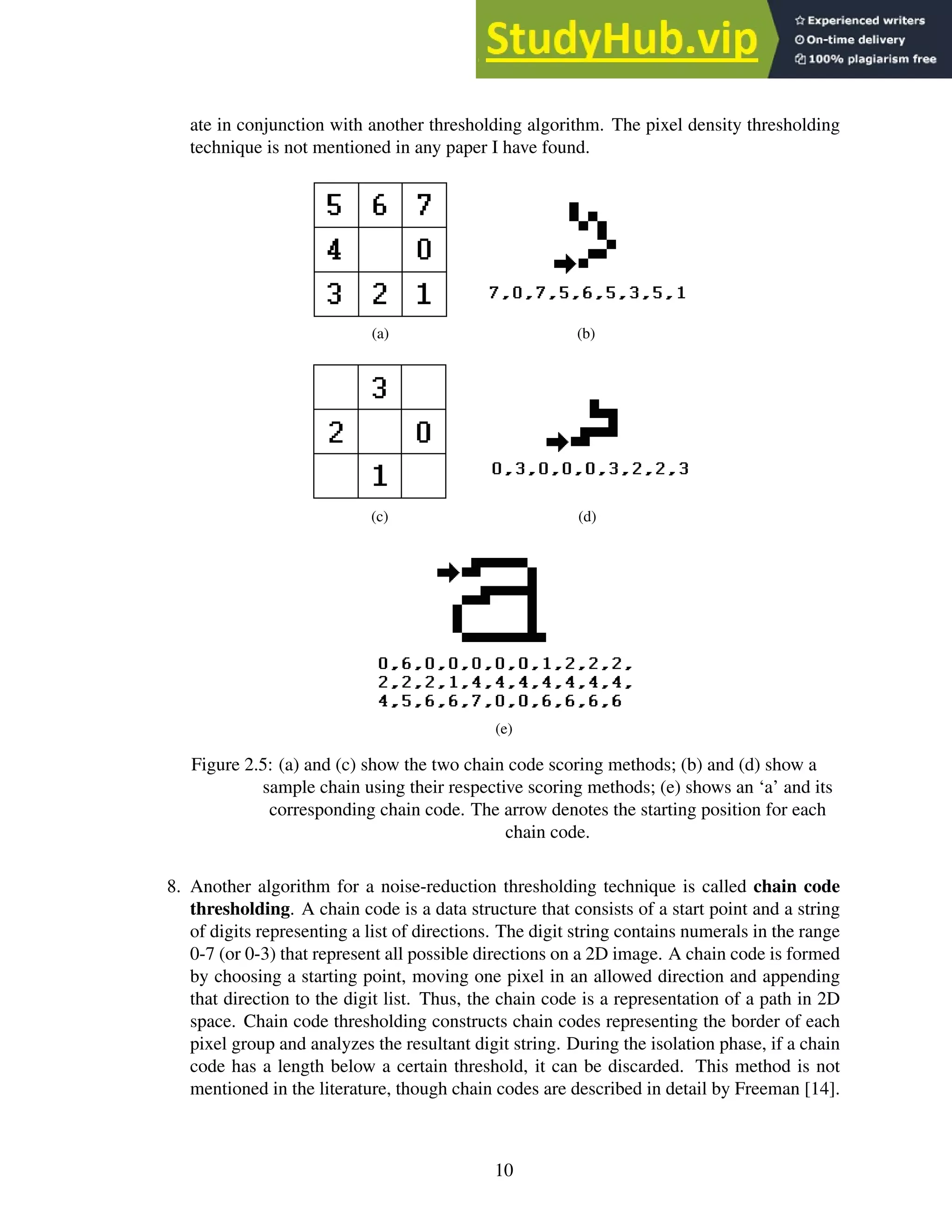 ate in conjunction with another thresholding algorithm. The pixel density thresholding
technique is not mentioned in any paper I have found.
(a) (b)
(c) (d)
(e)
Figure 2.5: (a) and (c) show the two chain code scoring methods; (b) and (d) show a
sample chain using their respective scoring methods; (e) shows an ‘a’ and its
corresponding chain code. The arrow denotes the starting position for each
chain code.
8. Another algorithm for a noise-reduction thresholding technique is called chain code
thresholding. A chain code is a data structure that consists of a start point and a string
of digits representing a list of directions. The digit string contains numerals in the range
0-7 (or 0-3) that represent all possible directions on a 2D image. A chain code is formed
by choosing a starting point, moving one pixel in an allowed direction and appending
that direction to the digit list. Thus, the chain code is a representation of a path in 2D
space. Chain code thresholding constructs chain codes representing the border of each
pixel group and analyzes the resultant digit string. During the isolation phase, if a chain
code has a length below a certain threshold, it can be discarded. This method is not
mentioned in the literature, though chain codes are described in detail by Freeman [14].
10
 