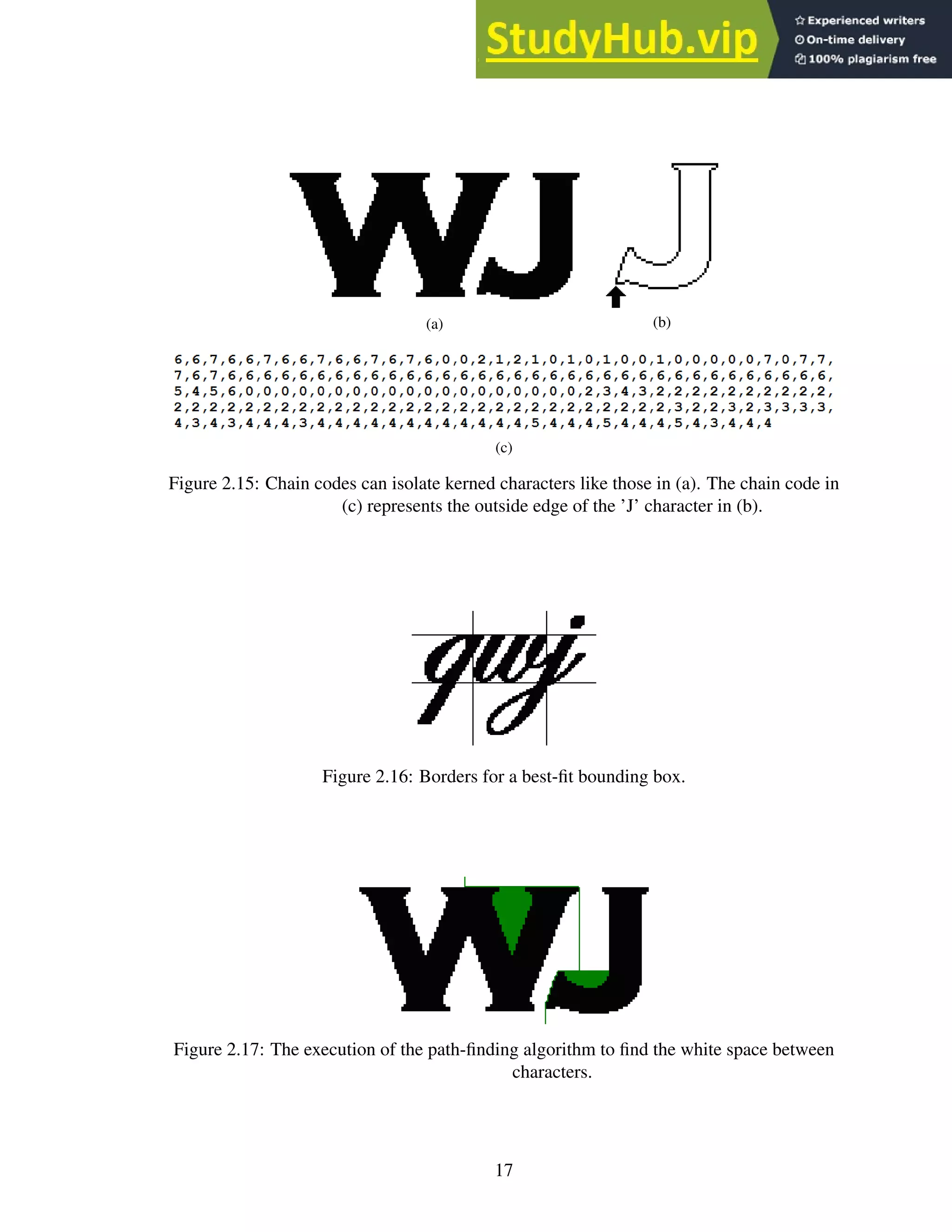 (a) (b)
(c)
Figure 2.15: Chain codes can isolate kerned characters like those in (a). The chain code in
(c) represents the outside edge of the ’J’ character in (b).
Figure 2.16: Borders for a best-fit bounding box.
Figure 2.17: The execution of the path-finding algorithm to find the white space between
characters.
17
 