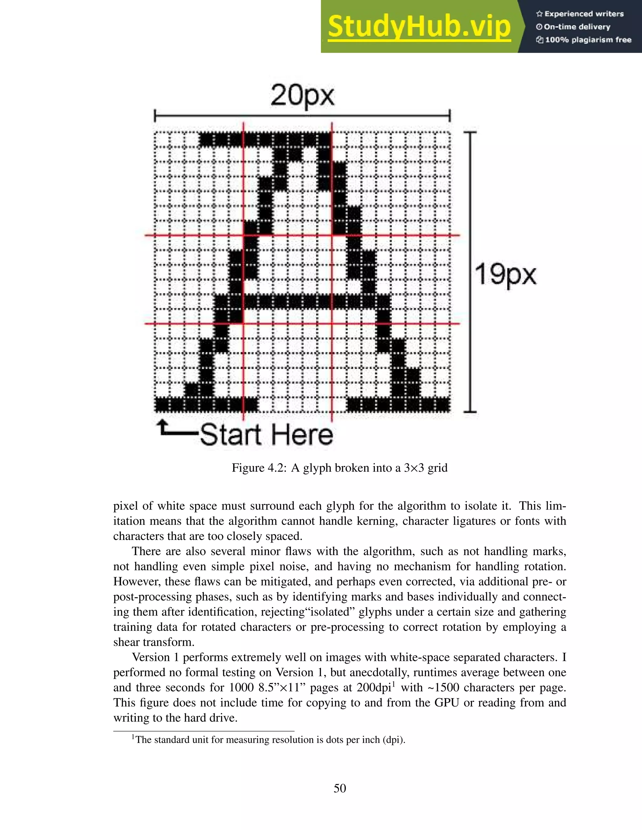 Figure 4.2: A glyph broken into a 3×3 grid
pixel of white space must surround each glyph for the algorithm to isolate it. This lim-
itation means that the algorithm cannot handle kerning, character ligatures or fonts with
characters that are too closely spaced.
There are also several minor flaws with the algorithm, such as not handling marks,
not handling even simple pixel noise, and having no mechanism for handling rotation.
However, these flaws can be mitigated, and perhaps even corrected, via additional pre- or
post-processing phases, such as by identifying marks and bases individually and connect-
ing them after identification, rejecting“isolated” glyphs under a certain size and gathering
training data for rotated characters or pre-processing to correct rotation by employing a
shear transform.
Version 1 performs extremely well on images with white-space separated characters. I
performed no formal testing on Version 1, but anecdotally, runtimes average between one
and three seconds for 1000 8.5”×11” pages at 200dpi1
with ~1500 characters per page.
This figure does not include time for copying to and from the GPU or reading from and
writing to the hard drive.
1
The standard unit for measuring resolution is dots per inch (dpi).
50
 