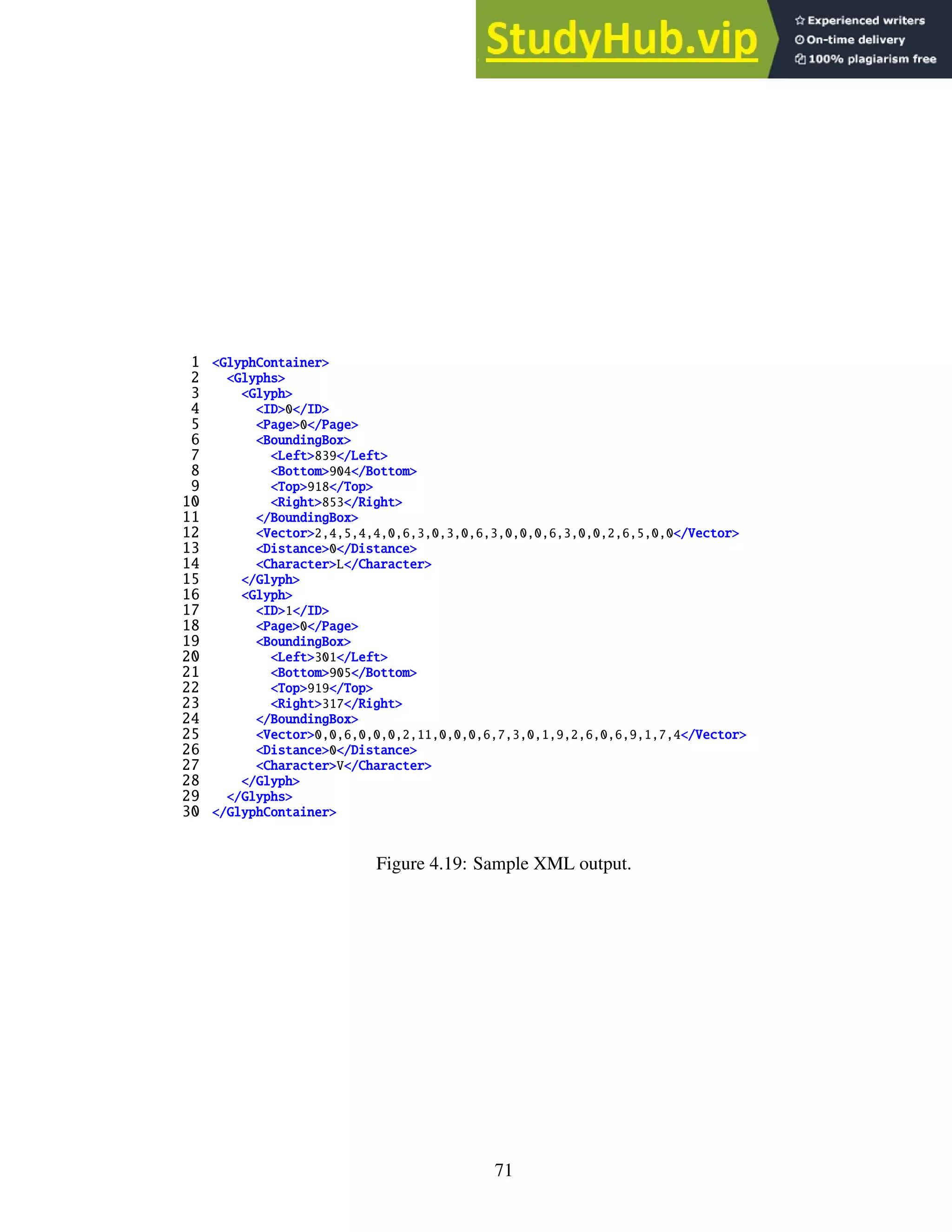 1 <GlyphContainer>
2 <Glyphs>
3 <Glyph>
4 <ID>0</ID>
5 <Page>0</Page>
6 <BoundingBox>
7 <Left>839</Left>
8 <Bottom>904</Bottom>
9 <Top>918</Top>
10 <Right>853</Right>
11 </BoundingBox>
12 <Vector>2,4,5,4,4,0,6,3,0,3,0,6,3,0,0,0,6,3,0,0,2,6,5,0,0</Vector>
13 <Distance>0</Distance>
14 <Character>L</Character>
15 </Glyph>
16 <Glyph>
17 <ID>1</ID>
18 <Page>0</Page>
19 <BoundingBox>
20 <Left>301</Left>
21 <Bottom>905</Bottom>
22 <Top>919</Top>
23 <Right>317</Right>
24 </BoundingBox>
25 <Vector>0,0,6,0,0,0,2,11,0,0,0,6,7,3,0,1,9,2,6,0,6,9,1,7,4</Vector>
26 <Distance>0</Distance>
27 <Character>V</Character>
28 </Glyph>
29 </Glyphs>
30 </GlyphContainer>
Figure 4.19: Sample XML output.
71
 