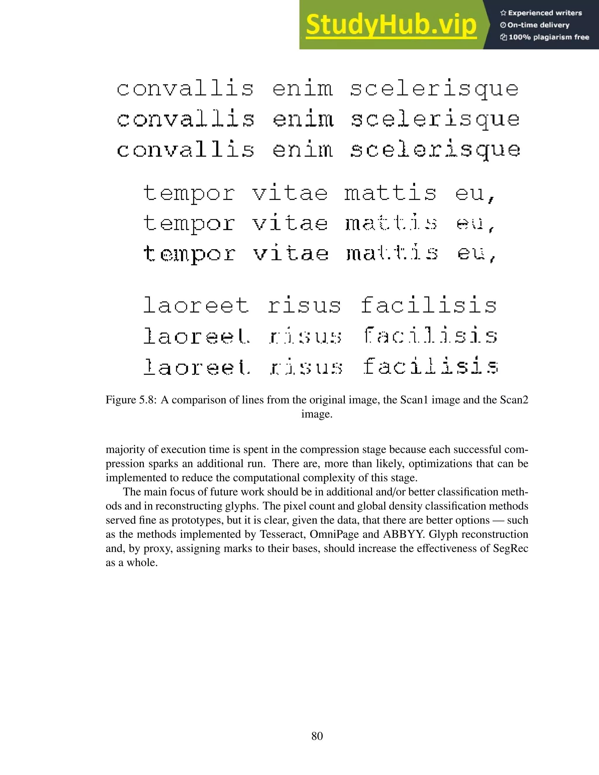 Figure 5.8: A comparison of lines from the original image, the Scan1 image and the Scan2
image.
majority of execution time is spent in the compression stage because each successful com-
pression sparks an additional run. There are, more than likely, optimizations that can be
implemented to reduce the computational complexity of this stage.
The main focus of future work should be in additional and/or better classification meth-
ods and in reconstructing glyphs. The pixel count and global density classification methods
served fine as prototypes, but it is clear, given the data, that there are better options — such
as the methods implemented by Tesseract, OmniPage and ABBYY. Glyph reconstruction
and, by proxy, assigning marks to their bases, should increase the effectiveness of SegRec
as a whole.
80
 