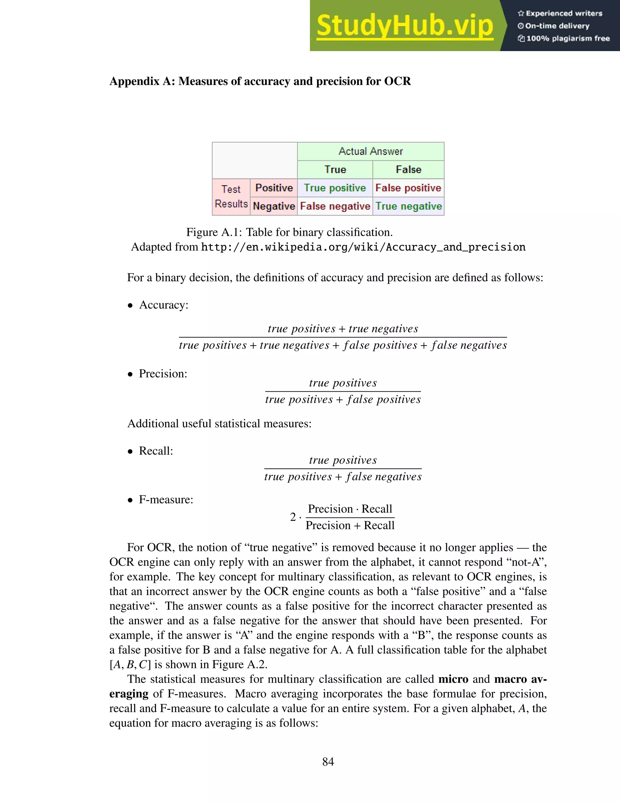Appendix A: Measures of accuracy and precision for OCR
Figure A.1: Table for binary classification.
Adapted from http://en.wikipedia.org/wiki/Accuracy_and_precision
For a binary decision, the definitions of accuracy and precision are defined as follows:
• Accuracy:
true positives + true negatives
true positives + true negatives + false positives + false negatives
• Precision:
true positives
true positives + false positives
Additional useful statistical measures:
• Recall:
true positives
true positives + false negatives
• F-measure:
2 ·
Precision · Recall
Precision + Recall
For OCR, the notion of “true negative” is removed because it no longer applies — the
OCR engine can only reply with an answer from the alphabet, it cannot respond “not-A”,
for example. The key concept for multinary classification, as relevant to OCR engines, is
that an incorrect answer by the OCR engine counts as both a “false positive” and a “false
negative“. The answer counts as a false positive for the incorrect character presented as
the answer and as a false negative for the answer that should have been presented. For
example, if the answer is “A” and the engine responds with a “B”, the response counts as
a false positive for B and a false negative for A. A full classification table for the alphabet
[A, B,C] is shown in Figure A.2.
The statistical measures for multinary classification are called micro and macro av-
eraging of F-measures. Macro averaging incorporates the base formulae for precision,
recall and F-measure to calculate a value for an entire system. For a given alphabet, A, the
equation for macro averaging is as follows:
84
 
