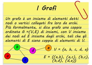 I Grafi
Un grafo è un insieme di elementi detti
nodi o vertici collegati fra loro da archi.
Più formalmente, si dice grafo una coppia
ordinata G =(V,E) di insiemi, con V insieme
dei nodi ed E insieme degli archi, tali che gli
elementi di E siano coppie di elementi di V.

b
a

d

c

e V = {a, b, c, d, e}
E = {(a,b), (a,c), (b,c),
(b,d), (d,e)}

 