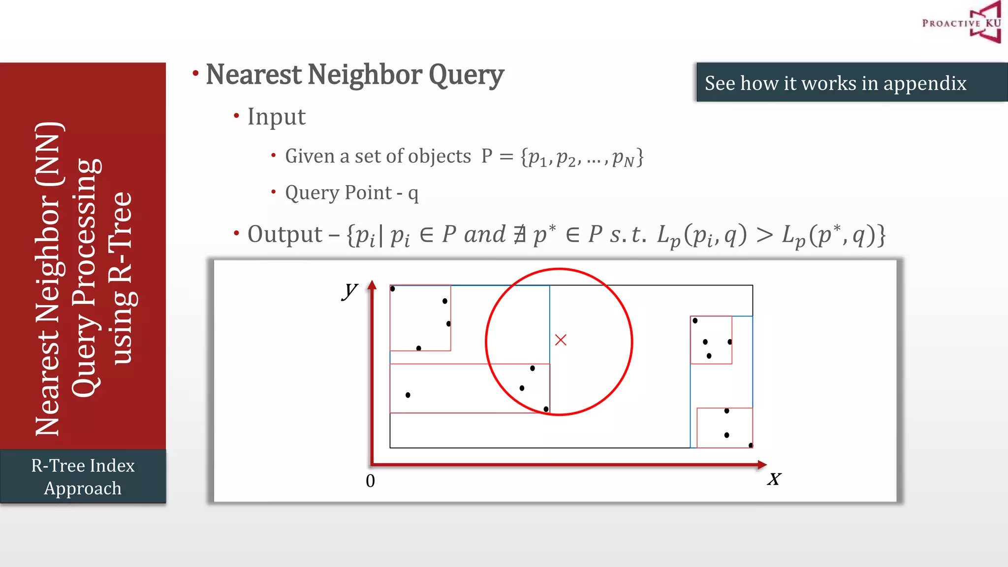 Nearest Neighbor (NN) Query Processing using R-Tree Nearest Neighbor Query  Input  Given a set of objects P = {푝1, 푝2, … , 푝푁}  Query Point - q  Output – {푝푖 | 푝푖 ∈ 푃 푎푛푑 ∄ 푝∗ ∈ 푃 푠. 푡. 퐿푝 푝푖 , 푞 > 퐿푝(푝∗, 푞)} 0 x y See how it works in appendix R-Tree Index Approach 