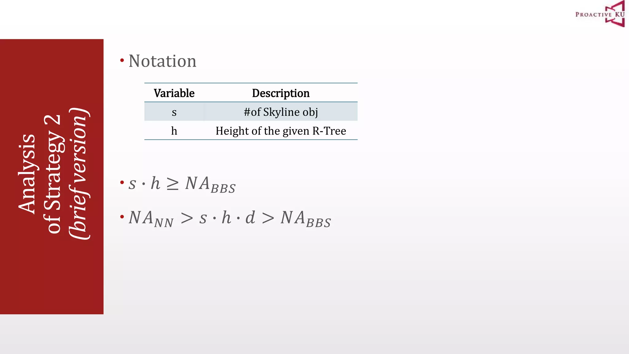 Analysis of Strategy 2 (brief version)  Notation Variable Description s #of Skyline obj h Height of the given R-Tree  푠 ∙ ℎ ≥ 푁퐴퐵퐵푆  푁퐴푁푁 > 푠 ∙ ℎ ∙ 푑 > 푁퐴퐵퐵푆 