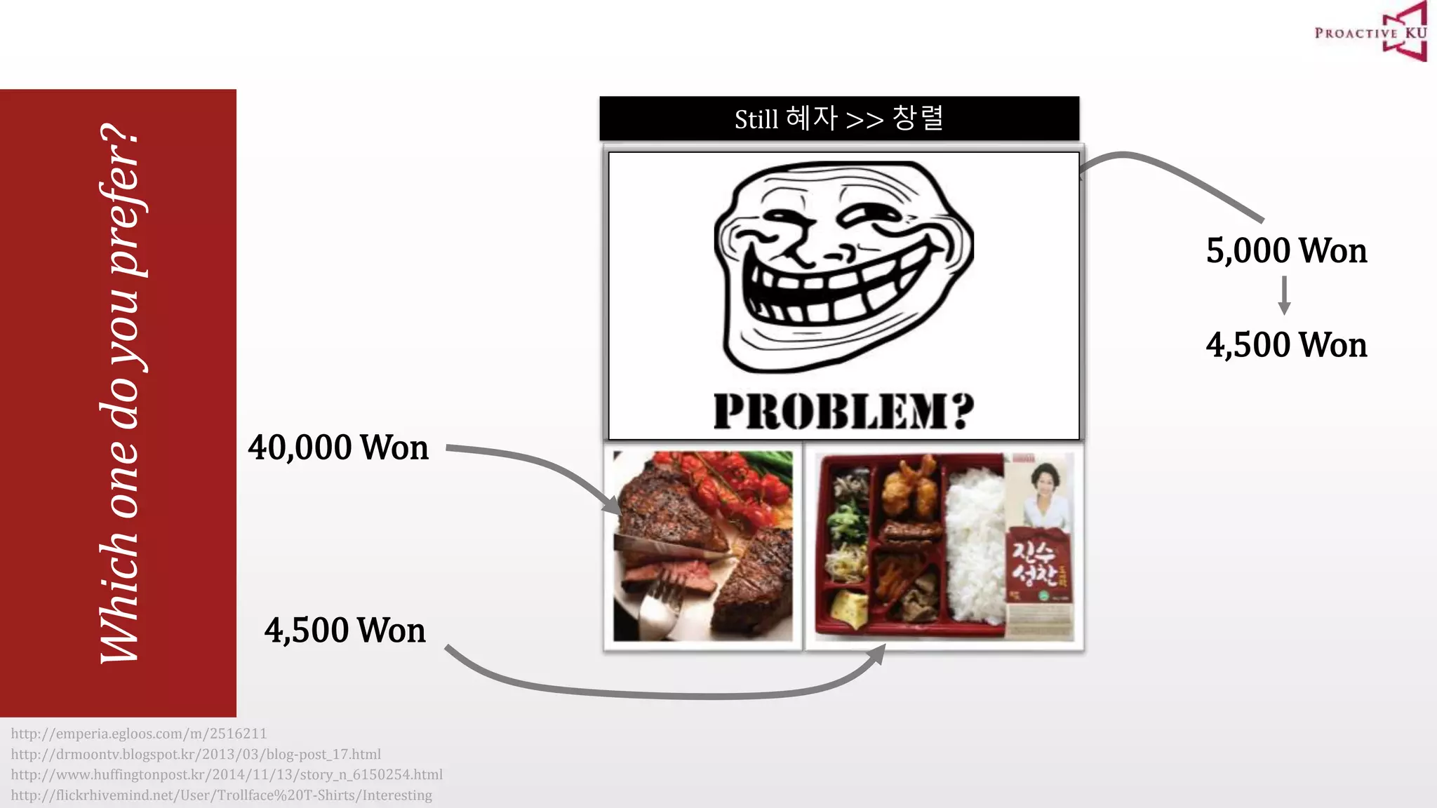 Which one do you prefer? http://emperia.egloos.com/m/2516211 http://drmoontv.blogspot.kr/2013/03/blog-post_17.html http://www.huffingtonpost.kr/2014/11/13/story_n_6150254.html 5,000 Won 40,000 Won 4,500 Won 4,500 Won http://flickrhivemind.net/User/Trollface%20T-Shirts/Interesting Still 혜자 >> 창렬 