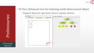 Preliminaries 
R-Tree: Balanced tree for indexing multi-dimensional object 
 Support Dynamic operation (insert, update, delete) 
R-Tree Index 
Approach 
 