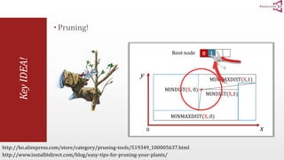 Root node 0 1 
MINMAXDIST(X,1) 
0 x 
y 
MINDIST(X, 0) 
MINDIST(X,1) 
MINMAXDIST(X, 0) 
Key IDEA! 
 Pruning! 
http://ko.aliexpress.com/store/category/pruning-tools/519349_100005637.html 
http://www.installitdirect.com/blog/easy-tips-for-pruning-your-plants/ 
 