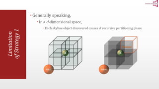 Limitation 
of Strategy 1 
 Generally speaking, 
 In a d-dimensional space, 
 Each skyline object discovered causes d recursive partitioning phase 
Dominated 
 