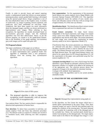 IJRET: International Journal of Research in Engineering and Technology ISSN: 2319-1163
__________________________________________________________________________________________
Volume: 02 Issue: 03 | Mar-2013, Available @ http://www.ijret.org 354
Finally, in order to provide fusion and natural repairing
results, a mathematical model that follows an actual painters’
painting procedure, namely guided label learning, is developed
using the spectral graph theory. Image completion is one of
the most talked-about topics in the Graphics area]. A number
of useful tools, e.g. image in painting .Poisson equations, and
graph-cuts, have been established for real-scene image
completion. But these ideas require too much information
about the damaged images, and they are always performed on
high-resolution color images. When referring to face
recognition, the algorithms are usually developed based on
low-resolution gray-scale images, and the traditional
algorithms may lose their effectiveness. Hence, as per the
Poisson equation, we extend it to the graph-based domain.
Due to the flexibility of the graph topology, low-resolution
gray-scale images can be coped with quite well.
5.2 Proposed scheme
The major contributions of this paper are as follows:
i. We propose a new face reconstruction algorithm based
on sparse representation and a graphical model. Our
algorithm is established from a new perspective,
different from the existing face reconstruction
algorithms.
Figure 5: Flow chart of FRS system
ii. The proposed algorithm is able to improve the
recognition results dramatically, with an increase
of up to 30% in recognition rate.
Face analysis block: The face analysis block is responsible for
detection and segmentation of human faces.
Face detection: To detect faces accurately in real-time, our
system employs Viola and Jones face detection procedure
[11]. The detector works at a speed of 15 frames per second at
12 resolution levels, while achieving low false acceptance
rates.
Face segmentation: For the segmentation of the prominent
facial features our system employs Active Shape Models with
Invariant Optimal Features (IOFASM) [12]. This algorithm
can automatically locate the outlines of eyes, mouth, nose,
brows and silhouette contour of the face with an average error
of approximately 2% of the inter-eye distance.
Identification block: The identification block extracts texture
from a segmented face and uses it to identify a user.
Facial feature extraction: To make facial texture
independent of the facial expression, each image was warped
using a piece-wise affine mapping between the result of the
segmentation step and the mean shape. The texture parameters
for each image were extracted by constructing an image
intensity model of an Active Appearance Model [13].
Classification Once the texture parameters are obtained, they
are whitened [14] and then a distance-weighted k-Nearest
Neighbor classifier (k-NN) is used to identify the user in the
image. The distance between two texture vectors is defined as
the angle between them. The angle based distance metric was
shown to be a good choice for PCA-based algorithms [15]. All
the experiments in this paper were performed using the five
nearest neighbors (k = 5).
Automatic learning block Every time a facial image has been
identified, it goes through an automatic selection process that
determines whether it is suitable to be added to the training set
of the appropriate user. The selection process deems two
categories of images to be unsuitable for automatic learning:
1) images with outdated facial appearance,
2) Images where the algorithms used in our system produce
unreliable results.
6. ANALYSIS OF THE ALGORITHM USED
Figure6: Damaged face representation using graph cut
In this algorithm, we first cluster the images which have a
similar sparse representation to the query image. Then, these
clustered images are used to find the best-matched patch for
guiding the synthesis of the missing parts. The patch obtained
is used to guide the in-painting work of the damaged part of
the occluded face. Hence, the searched patch should have a
similar local property as the damaged part. The target region,
which needs to be filled in the damaged face image F, is de-
 