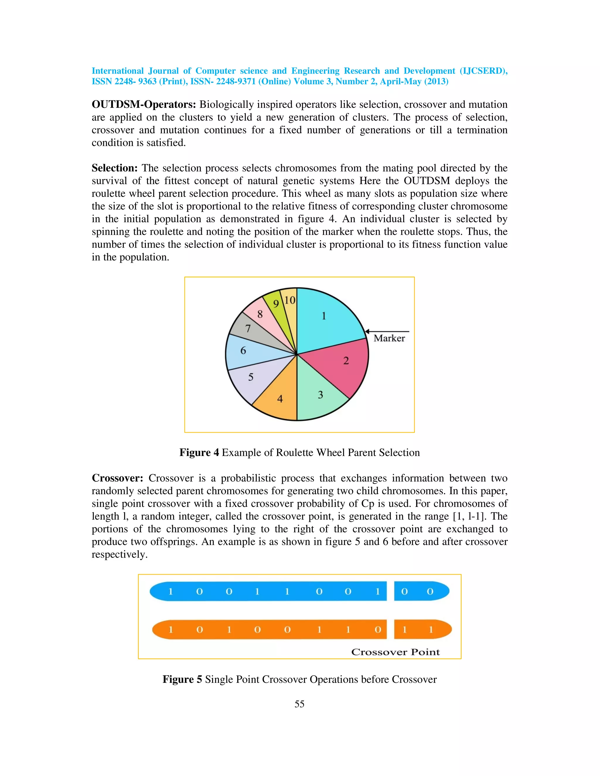International Journal of Computer science and Engineering Research and Development (IJCSERD), ISSN 2248- 9363 (Print), ISSN- 2248-9371 (Online) Volume 3, Number 2, April-May (2013) 55 OUTDSM-Operators: Biologically inspired operators like selection, crossover and mutation are applied on the clusters to yield a new generation of clusters. The process of selection, crossover and mutation continues for a fixed number of generations or till a termination condition is satisfied. Selection: The selection process selects chromosomes from the mating pool directed by the survival of the fittest concept of natural genetic systems Here the OUTDSM deploys the roulette wheel parent selection procedure. This wheel as many slots as population size where the size of the slot is proportional to the relative fitness of corresponding cluster chromosome in the initial population as demonstrated in figure 4. An individual cluster is selected by spinning the roulette and noting the position of the marker when the roulette stops. Thus, the number of times the selection of individual cluster is proportional to its fitness function value in the population. Figure 4 Example of Roulette Wheel Parent Selection Crossover: Crossover is a probabilistic process that exchanges information between two randomly selected parent chromosomes for generating two child chromosomes. In this paper, single point crossover with a fixed crossover probability of Cp is used. For chromosomes of length l, a random integer, called the crossover point, is generated in the range [1, l-1]. The portions of the chromosomes lying to the right of the crossover point are exchanged to produce two offsprings. An example is as shown in figure 5 and 6 before and after crossover respectively. Figure 5 Single Point Crossover Operations before Crossover 