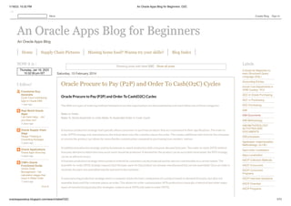 1/19/23, 10:32 PM An Oracle Apps Blog for Beginners: O2C
oracleappssetup.blogspot.com/search/label/O2C 1/11
-->
An Oracle Apps Blog
An Oracle Apps Blog for Beginners
An Oracle Apps Blog for Beginners
Home Supply Chain Pictures Missing home food? Wanna try your skills? Blog Index
Saturday, 15 February 2014
Oracle Procure to Pay (P2P) and Order To Cash(O2C) Cycles
The different types of ordering methods followed across the organizations are discussed below and must follow one of these categories:
Make to Order:
Make To Stock:Assemble to order:Make To Assemble:Order to Cash Cycle:
A business production strategy that typically allows consumers to purchase products that are customized to their specifications. The make to
order (MTO) strategy only manufactures the end product once the customer places the order. This creates additional wait time for the consumer
to receive the product, but allows for more flexible customization compared to purchasing from retailers’ shelves.
A traditional production strategy used by businesses to match production with consumer demand forecasts. The make-to-stock (MTS) method
forecasts demand to determine how much stock should be produced. If demand for the product can be accurately forecasted, the MTS strategy
can be an efficient choice.
A business production strategy where product ordered by customers can be produced quickly and are customizable to a certain extent. The
assemble-to-order (ATO) strategy requires that the basic parts for the product are already manufactured but not yet assembled. Once an order is
received, the parts are assembled quickly and sent to the customer.
A manufacturing production strategy where a company stocks the basic components of a product based on demand forecasts, but does not
assemble them until the customer places an order. This allows for order customization. MTA production is basically a hybrid of two other major
types of manufacturing production strategies: make to stock (MTS) and make to order (MTO).
Oracle Procure to Pay (P2P) and Order To Cash(O2C) Cycles
Thursday, Jan 19, 2023
10:32:59 pm IST
NOW it is :
Show All
I follow!
Functional Guy-
Devendra
Cycle Count scheduling
logic in Oracle EBS
1 year ago
Real World Oracle
Apps
I am back baby.....did
you miss me?
2 years ago
Oracle Supply Chain
Saga
Design Thinking in
Consulting Paradigm
4 years ago
Oracle Applications
Oracle Apps iSourcing
6 years ago
CSB's Oracle
Functional Guide
Oracle Order
Management - Tax
calculation stages that
occur in Sales Order
7 years ago
A Guide for Beginners to
learn Structured Query
Language (SQL)
Accounting Entries
Actual Cost Adjustments in
OPM Costing - R12
ADC in Oracle Purchasing
ADC in Purchasing
ADC Purchasing
AIM
AIM Documents
AIM Methodology
AIM METHODOLOGY
ACTIVITIES AND
DOCUMENTS
AIM processes
Application Implementation
Methodology- (A.I.M.)
Apps India Localization
Apps Localization
ASCP Collection Methods
ASCP Concurrent
ASCP Concurrent
Programs
ASCP Interview Questions
ASCP Overview
ASCP Programs
Labels
Showing posts with label O2C. Show all posts
More Create Blog Sign In
 
