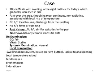 Case
• 28 yrs./Male with swelling in the right buttock for 8 days, which
gradually increased in size
• Pain over the area, throbbing type, continous, non-radiating,
associated with local rise of temperature
• No h/o local trauma, discharge from the swelling
• No h/o fever or vomiting
• Past History: No h/o similar episodes in the past
No known h/o any chronic illness till date
On Examination:
GC: fair
Vitals: Stable
Systemic Examination: Normal
Local examination:
Swelling about 3x2 cm. in size on right buttock, lateral to anal opening
Local temperature raized
Tenderness +
Erythematous
Induration +
7/6/2017 3
 