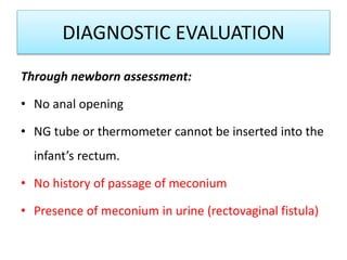 DIAGNOSTIC EVALUATION
Through newborn assessment:
• No anal opening
• NG tube or thermometer cannot be inserted into the
infant’s rectum.
• No history of passage of meconium
• Presence of meconium in urine (rectovaginal fistula)
 