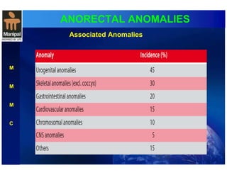 ANORECTAL ANOMALIES 
M 
M 
M 
C 
Associated Anomalies 
 
