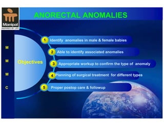 ANORECTAL ANOMALIES 
Able to identify associated anomalies 
Appropriate workup to confirm the type of anomaly 
Objectives 
1 
2 
3 
4 
5 
Identify anomalies in male && ffeemmaallee bbaabbiieess 
PPllaannnniinngg ooff ssuurrggiiccaall ttrreeaattmmeenntt ffoorr ddiiffffeerreenntt ttyyppeess 
PPrrooppeerr ppoossttoopp ccaarree && ffoolllloowwuupp 
M 
M 
M 
C 
 