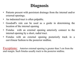 Diagnosis
• Patients present with persistent drainage from the internal and/or
external openings.
• An indurated tract is often palpable.
• Goodsall's rule can be used as a guide in determining the
location of the internal opening
• Fistulas with an external opening anteriorly connect to the
internal opening by a short, radial tract.
• Fistulas with an external opening posteriorly track in a
curvilinear fashion to the posterior midline.
Exceptions: Anterior external opening is greater than 3 cm from the
anal margin. Such fistulas usually track to the posterior midline.
 