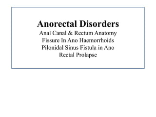Anorectal Disorders
Anal Canal & Rectum Anatomy
Fissure In Ano Haemorrhoids
Pilonidal Sinus Fistula in Ano
Rectal Prolapse
 