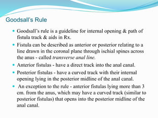 Goodsall’s Rule
 Goodsall’s rule is a guideline for internal opening & path of
fistula track & aids in Rx.
 Fistula can be described as anterior or posterior relating to a
line drawn in the coronal plane through ischial spines across
the anus - called transverse anal line.
 Anterior fistulas - have a direct track into the anal canal.
 Posterior fistulas - have a curved track with their internal
opening lying in the posterior midline of the anal canal.
 An exception to the rule - anterior fistulas lying more than 3
cm. from the anus, which may have a curved track (similar to
posterior fistulas) that opens into the posterior midline of the
anal canal.
 