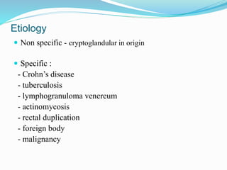Etiology
 Non specific - cryptoglandular in origin
 Specific :
- Crohn’s disease
- tuberculosis
- lymphogranuloma venereum
- actinomycosis
- rectal duplication
- foreign body
- malignancy
 