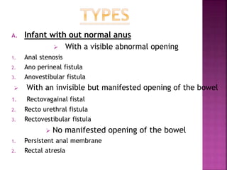 A. Infant with out normal anus
 With a visible abnormal opening
1. Anal stenosis
2. Ano perineal fistula
3. Anovestibular fistula
 With an invisible but manifested opening of the bowel
1. Rectovagainal fistal
2. Recto urethral fistula
3. Rectovestibular fistula
 No manifested opening of the bowel
1. Persistent anal membrane
2. Rectal atresia
 