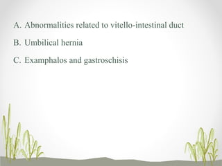 A. Abnormalities related to vitello-intestinal duct
B. Umbilical hernia
C. Examphalos and gastroschisis
 