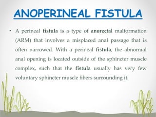 ANOPERINEAL FISTULA
• A perineal fistula is a type of anorectal malformation
(ARM) that involves a misplaced anal passage that is
often narrowed. With a perineal fistula, the abnormal
anal opening is located outside of the sphincter muscle
complex, such that the fistula usually has very few
voluntary sphincter muscle fibers surrounding it.
 