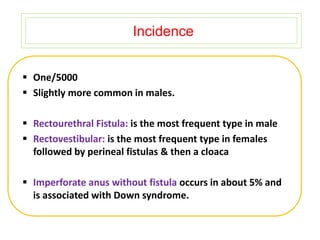 Incidence
 One/5000
 Slightly more common in males.
 Rectourethral Fistula: is the most frequent type in male
 Rectovestibular: is the most frequent type in females
followed by perineal fistulas & then a cloaca
 Imperforate anus without fistula occurs in about 5% and
is associated with Down syndrome.
 