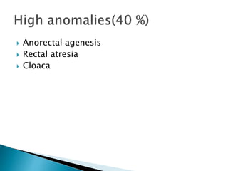  Anorectal agenesis
 Rectal atresia
 Cloaca
 
