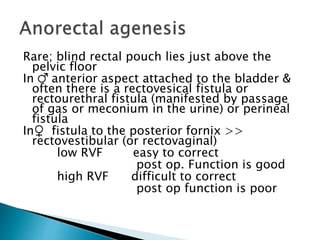 Rare; blind rectal pouch lies just above the
pelvic floor
In ♂ anterior aspect attached to the bladder &
often there is a rectovesical fistula or
rectourethral fistula (manifested by passage
of gas or meconium in the urine) or perineal
fistula
In♀ fistula to the posterior fornix >>
rectovestibular (or rectovaginal)
low RVF easy to correct
post op. Function is good
high RVF difficult to correct
post op function is poor
 