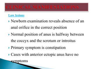 Low lesions
 Newborn examination reveals absence of an
anal orifice in the correct position
 Normal position of anus is halfway between
the coccyx and the scrotum or introitus
 Primary symptom is constipation
 Cases with anterior ectopic anus have no
symptoms
 