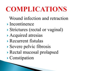 Wound infection and retraction
 Incontinence
 Strictures (rectal or vaginal)
 Acquired atresias
 Recurrent fistulas
 Severe pelvic fibrosis
 Rectal mucosal prolapsed
 Constipation
 