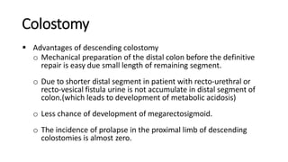 Colostomy
 Advantages of descending colostomy
o Mechanical preparation of the distal colon before the definitive
repair is easy due small length of remaining segment.
o Due to shorter distal segment in patient with recto-urethral or
recto-vesical fistula urine is not accumulate in distal segment of
colon.(which leads to development of metabolic acidosis)
o Less chance of development of megarectosigmoid.
o The incidence of prolapse in the proximal limb of descending
colostomies is almost zero.
 
