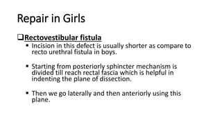 Repair in Girls
Rectovestibular fistula
 Incision in this defect is usually shorter as compare to
recto urethral fistula in boys.
 Starting from posteriorly sphincter mechanism is
divided till reach rectal fascia which is helpful in
indenting the plane of dissection.
 Then we go laterally and then anteriorly using this
plane.
 