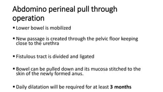 Abdomino perineal pull through
operation
 Lower bowel is mobilized
 New passage is created through the pelvic floor keeping
close to the urethra
 Fistulous tract is divided and ligated
 Bowel can be pulled down and its mucosa stitched to the
skin of the newly formed anus.
 Daily dilatation will be required for at least 3 months
 